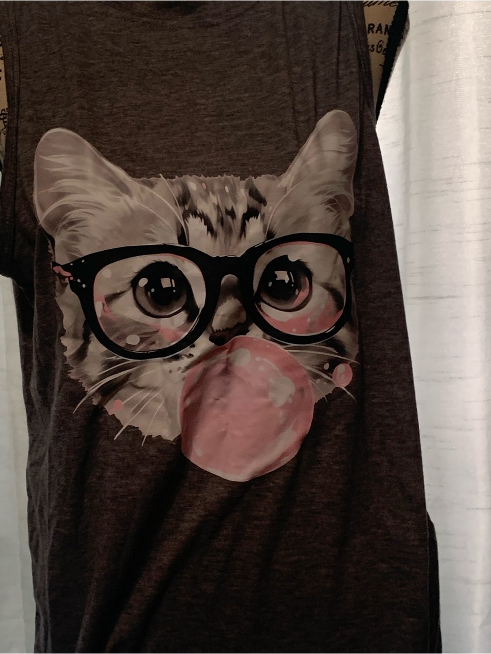 Dark grey Cat Graphic Tee with Pink Bubblegum Print
